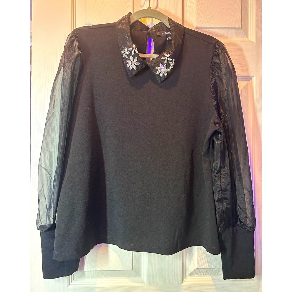 Marc New York Women XL NWT Black Jeweled Collar Sheer Sleeve Rhinestone Top